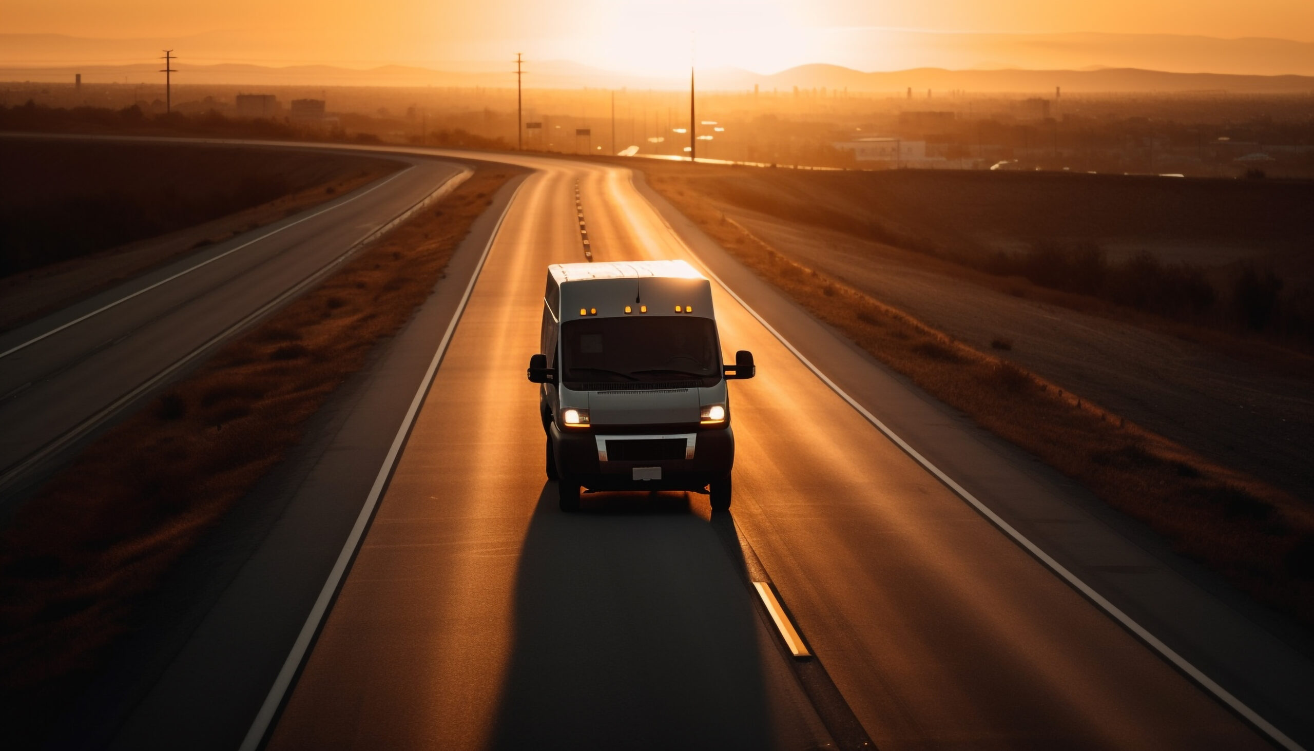 Camionnette qui roule sur l'autoroute en fin de journée avec le soleil qui se couche.